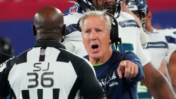Seahawks coach Pete Carroll yells at side judge Anthony Jeffries during Seattle's 24-3 win over the Giants on Oct. 2, 2023.